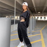 2021 autumn women's new sexy hollow stitching hooded loose top casual trousers two-piece suit K21S05574