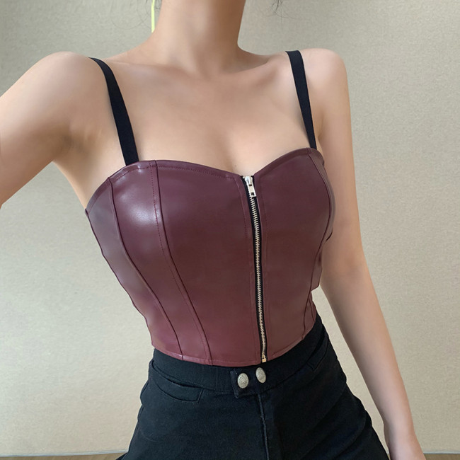 2021 new leather corset European and American cross-border character stitching nostalgic retro INS style zipper PU leather vest 218031P