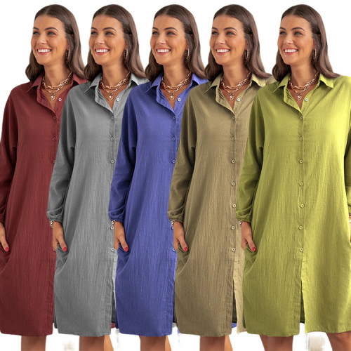 Autumn long solid color shirt loose casual long-sleeved dress TH556