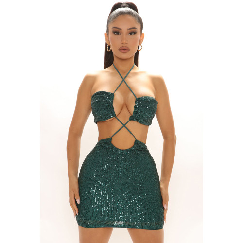 Backless sexy strappy sequined two-piece skirt YT3293