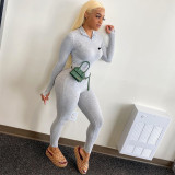 Pure color embroidery sports jumpsuit F6639