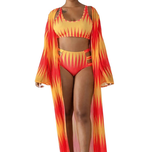 Sexy printed bikini swimsuit beach cloak three-piece suit F56