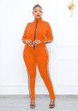 Fashion solid color blouse with double zipper, trousers with hidden zipper, two-piece suit WY6858