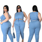 Women's plus size fashion solid color drawstring pleated two-piece suit LY8038