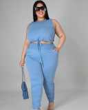 Women's plus size fashion solid color drawstring pleated two-piece suit LY8038