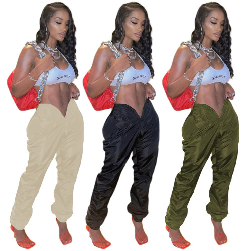 Women's solid color memory fabric with open umbilical love opening pockets on both sides with zipper casual pants N6035