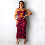 c****l Hot stamped letters Leopard print sling dress D9162