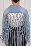 New women's denim jacket with mesh back fringe CJ958