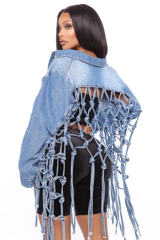 New women's denim jacket with mesh back fringe CJ958