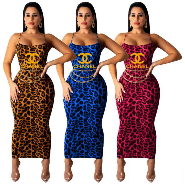 c****l Hot stamped letters Leopard print sling dress D9162