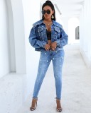 New style loose denim jacket women beaded jacket CJ957