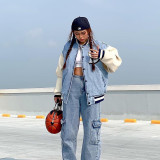 2021 autumn and winter new letter embroidery cardigan buttoned denim stitching baseball uniform jacket T186254G
