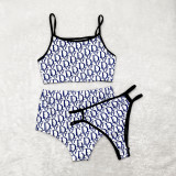 Three-piece sexy pattern printed shorts bikini suspenders D9494