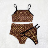 Three-piece sexy pattern printed shorts bikini suspenders D9494