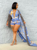 Three-piece swimsuit bikini shorts swimsuit with a long shawl and loose print J2197