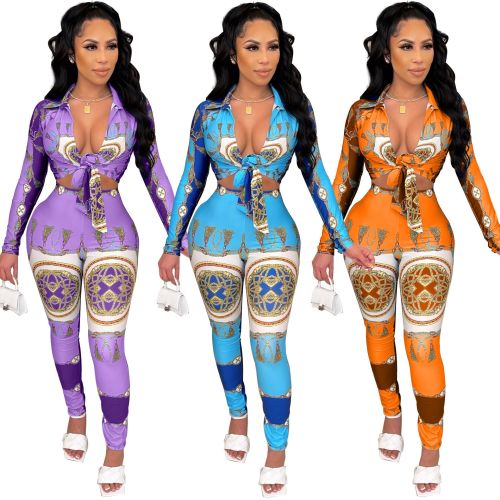 Long sleeve lace women's positioning printing two-piece suit SJ3323