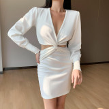 Autumn new style long-sleeved slim dress sexy X-shaped V-neck puff sleeve suit skirt 27114P