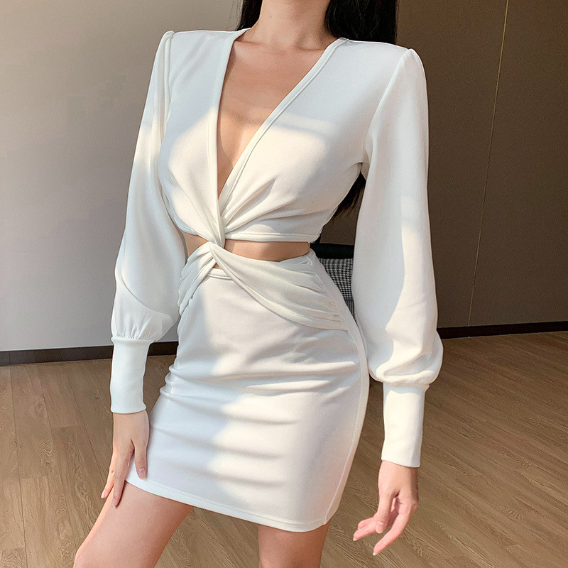 Autumn new style long-sleeved slim dress sexy X-shaped V-neck puff sleeve suit skirt 27114P