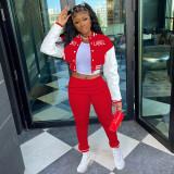 Women's solid color stitching threaded letter printing pocket baseball uniform long sports two-piece suit SM9213