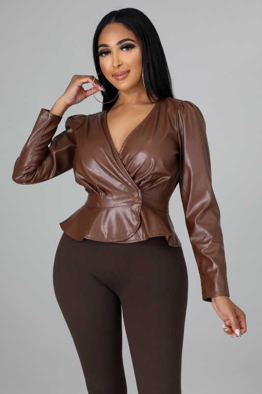 Women's Flocking Leather Jacket Long Sleeve V-neck Button Fashion Leather Top W9326