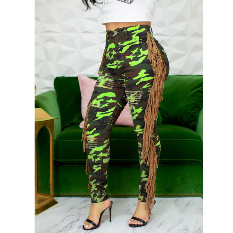 Fashion casual ripped burnt fringed camouflage sports joint slim-fit jeans CM2161
