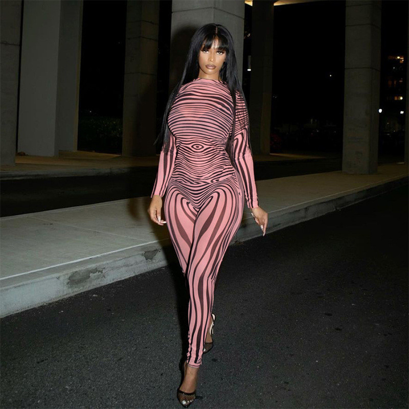 2021 autumn new long-sleeved striped mesh printing sexy bag hip slim tight trousers suit K21S05302
