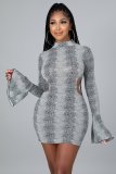 Women's autumn and winter style ruffled cuffs python print strappy open back sexy dress W9319