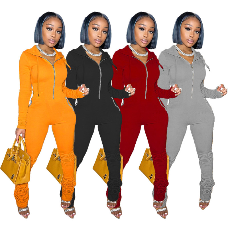 New women's clothing autumn and winter pure color plus velvet zipper hooded jumpsuit A5290
