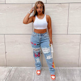 Women's digital positioning printing ripped fashionable sexy jeans women SZ1011