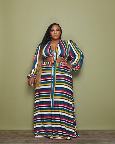 Plus size women's fashion color striped two-piece skirt suit S90090