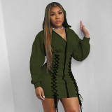 Ladies Lace-up Decorative Hooded Long Sleeve Zipper Dress Women W8263