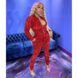 Women's sequined long-sleeved zipper jacket and trousers nightclub style women's two-piece suit W8260