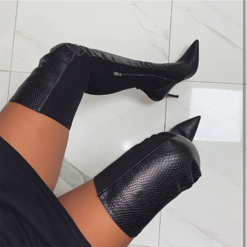 Large size black imitation leather half zipper pointed high heel boots women's boots high boots long boots S631680502010