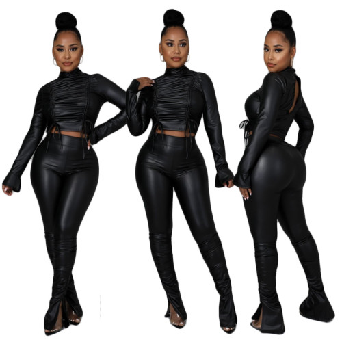Pleated small flared sleeves solid color leather fashion sexy two-piece women's suit F168-2
