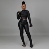 Pleated small flared sleeves solid color leather fashion sexy two-piece women's suit F168-2