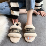 2021 autumn and winter fashion new Korean version of lambswool wool slippers female letters outer wear flat-bottomed word set foot drag women S655249584338