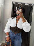 Fashion sexy shirt collar stitching PU leather with zipper cardigan WY6865
