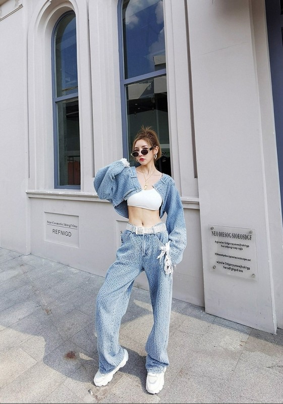 Autumn new style fringed long-sleeved high-waist short denim women's straight jeans fashion suit T629934004100