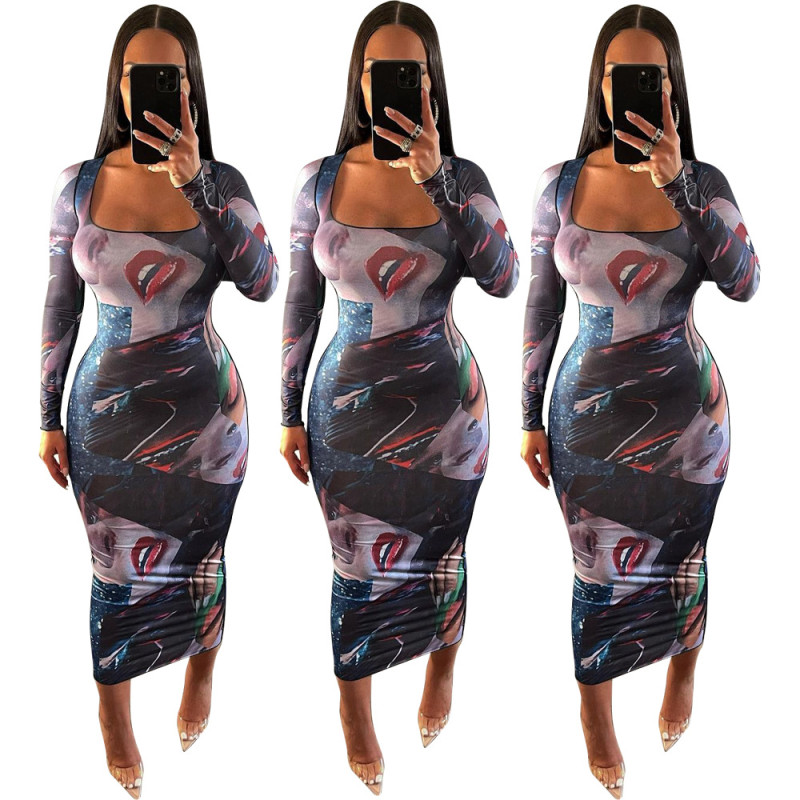 Sexy tight-fitting positioning printing long-sleeved dress long skirt L757