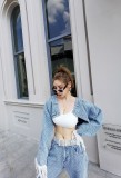 Autumn new style fringed long-sleeved high-waist short denim women's straight jeans fashion suit T629934004100