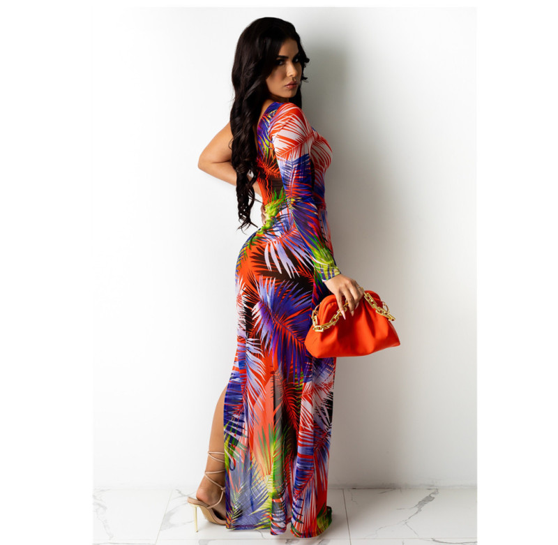 Women's fashion casual printed one-shoulder dress OMM60070