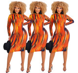 Women's autumn and winter new fashion tie-dye printing long-sleeved dress Z60089