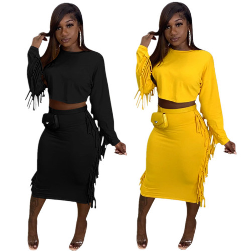 2021 autumn and winter new solid color tassel long-sleeved bag hip skirt two-piece set p8617