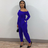 Women's fashion casual sexy solid color beveled neckline with belt hidden loose long-sleeved jumpsuit SM9218