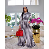 Autumn and winter women's special houndstooth pattern printing round neck long-sleeved trousers ladies casual suit MM2139