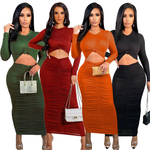 Sexy autumn and winter women's solid color pleated skirt long sleeves waistless ladies long dress MM2145