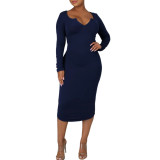 2021 Explosive Women's Pure Color Casual Fashion Dress Spring V-neck Long Sleeve Slim Pack Hip Skirt D652874432988
