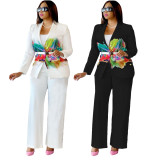 Casual Ladies Fashion Suit Loose Straight Pants Printed Small Suit Two-piece Suit F178