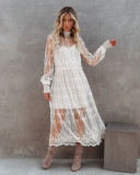 High collar embroidery lace mesh fashion temperament one-piece dress S21D5046