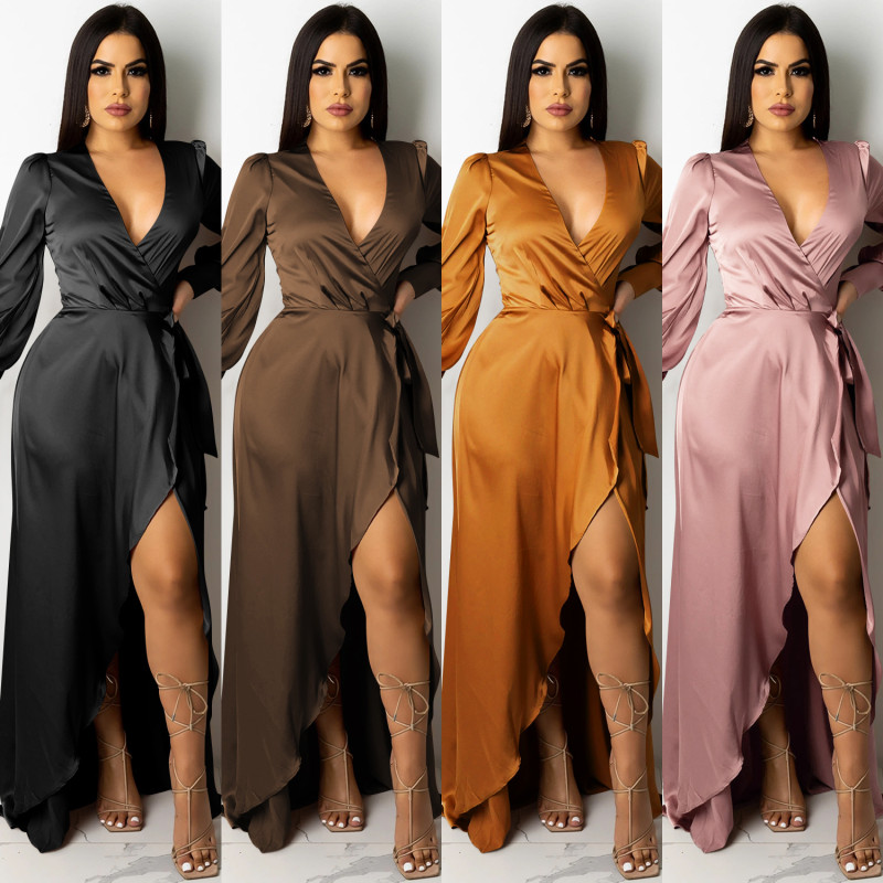 Fashion sexy solid color women's deep V tie long sleeve slit long skirt dress X5373